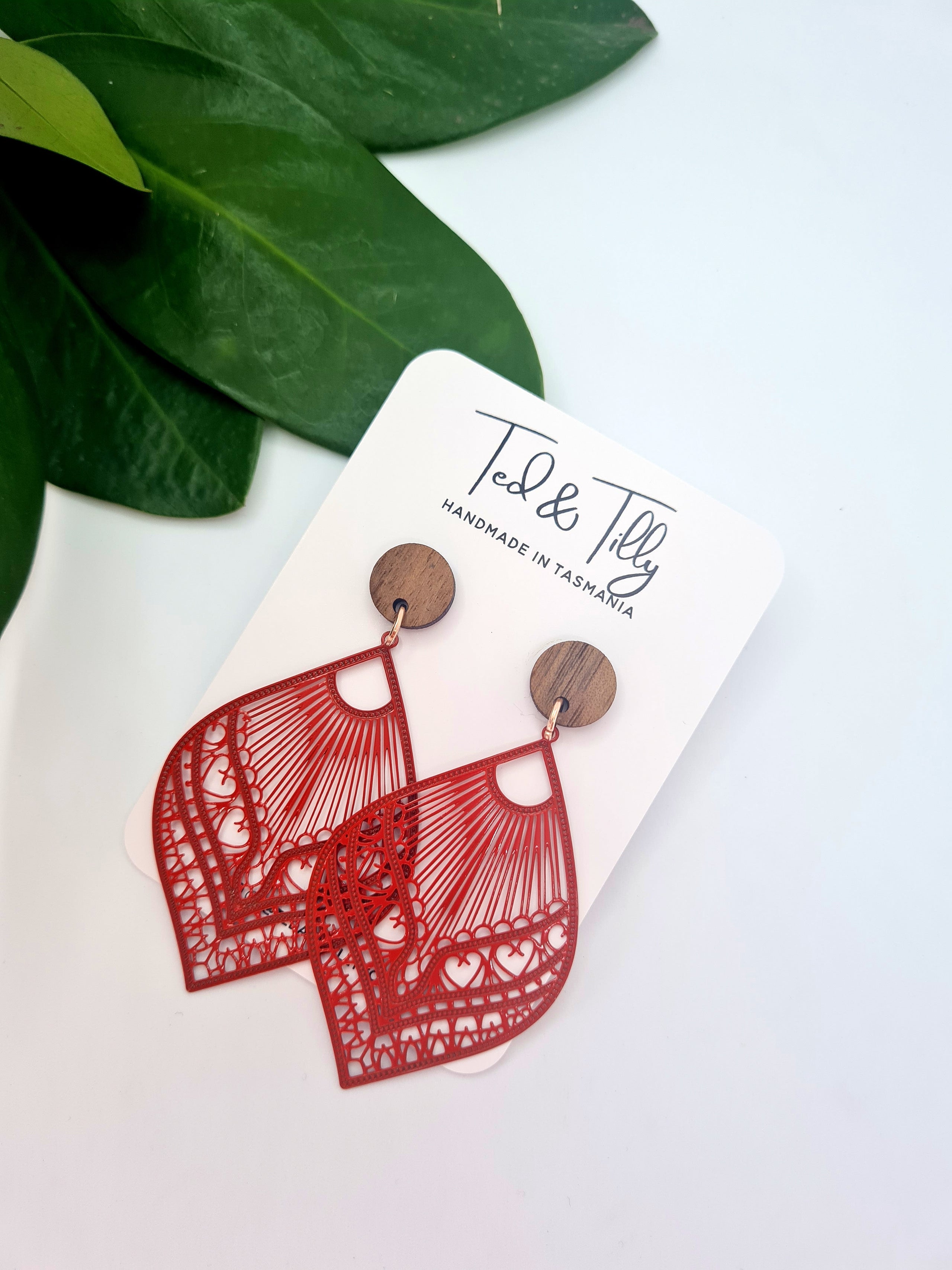 Timber stud and Rust Red Filigree Statement Earrings Ted Tilly