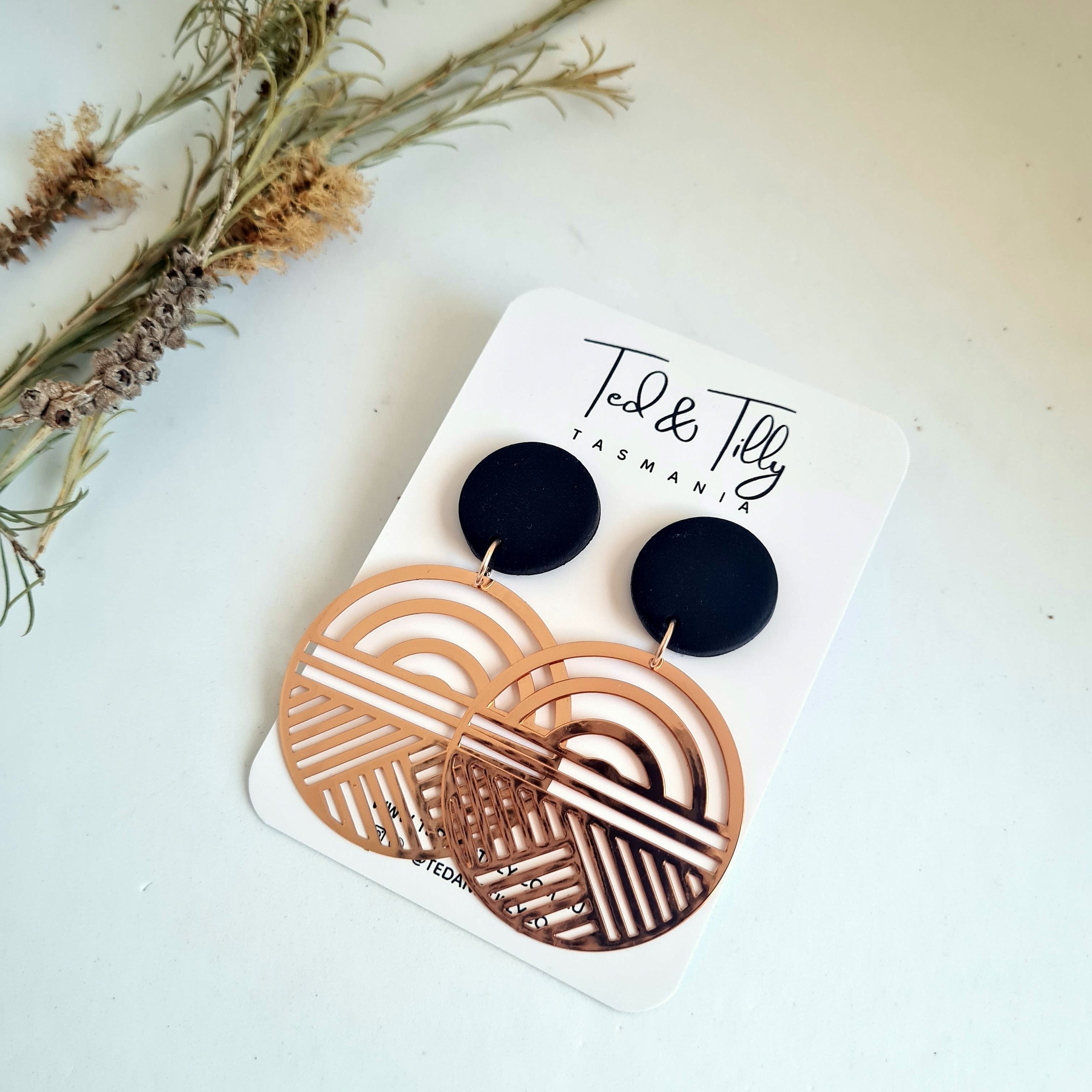 Navy and Gold Circular Geometric Filigree Statement Earrings