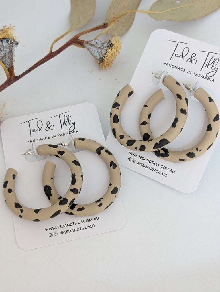 Leopard Print Polymerclay Handmade Hoop Earrings Ted Tilly Tasmanian handmade Earrings and Pendants